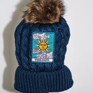 Navy Blue stocking cap with two sided patches (sun/moon)